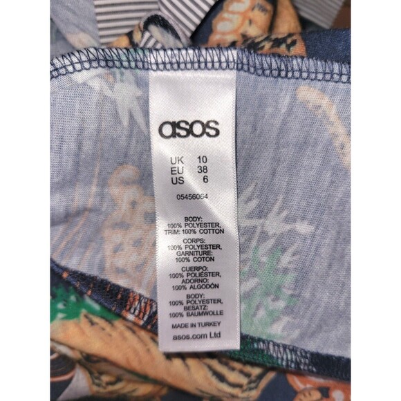 ASOS Tiger Print Open Back Shirt Womens 6 Blue Short Sleeve Double Tie Boho Edgy - Picture 5 of 5